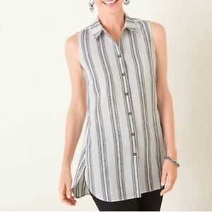 Chico's Sleeveless Button Down Striped Top - Gray and White